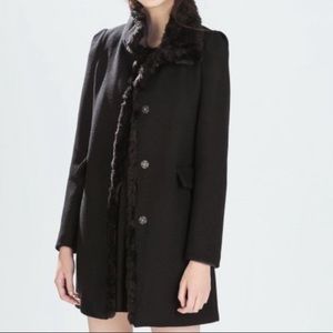 NWT ZARA BLACK LONG MASCULINE WOOL COAT WITH FUR TRIM